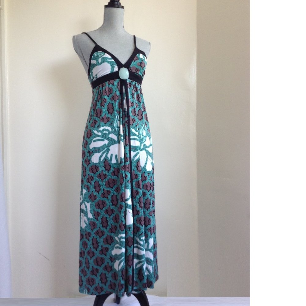 Prairie New York Silk Jersey Green Floral Jeweled Maxi Dress Slip Empire Waist S